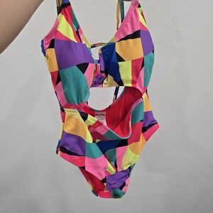 No Boundaries Women's Cut-Out One Piece Swimsuit Multicolor Geometric Print XS